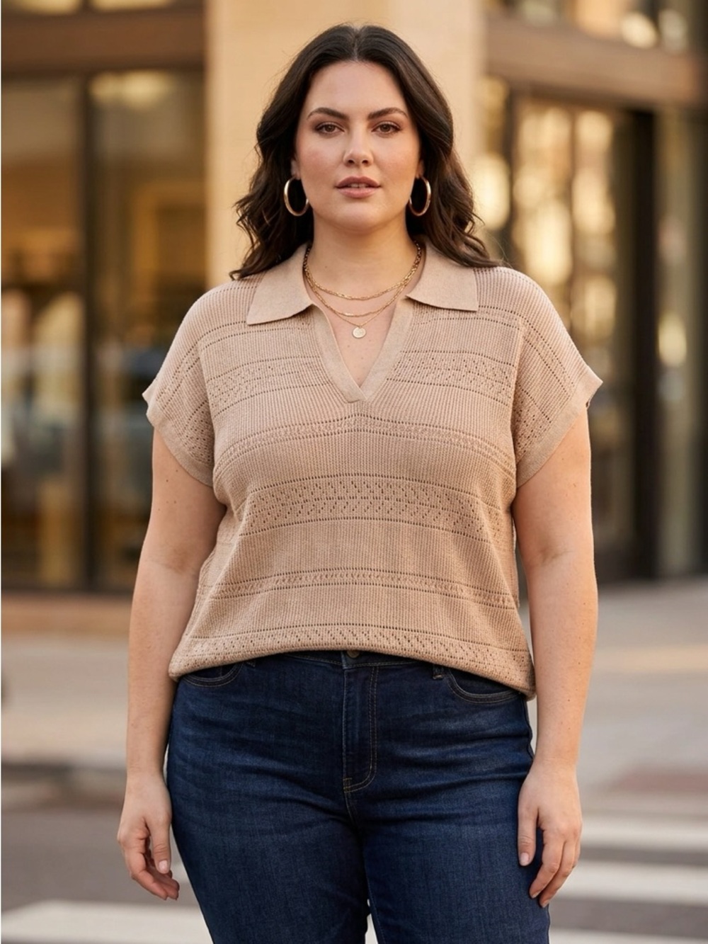 Lucy Paris Beige Knit Polo Sweater Tank